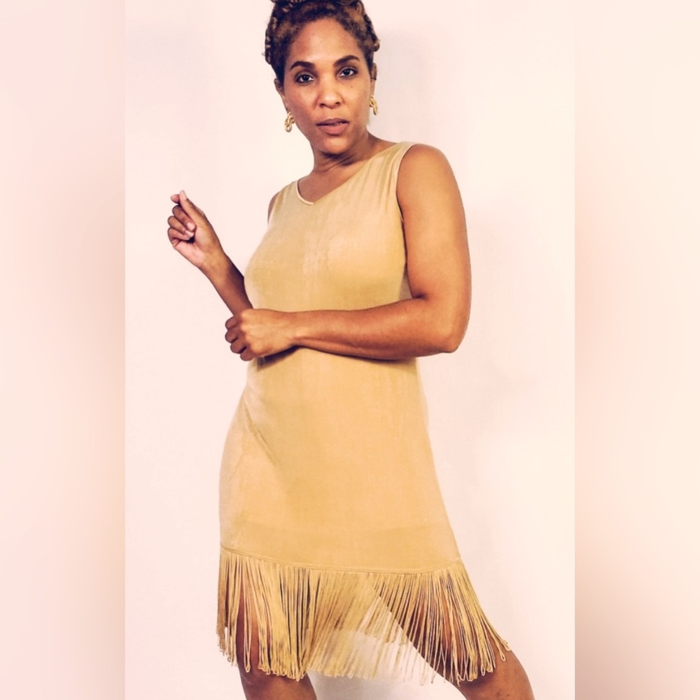 Vtg TOGETHER Gold Fringe Shift Mini Dress Size S Sleeveless Flapper 20s costume
